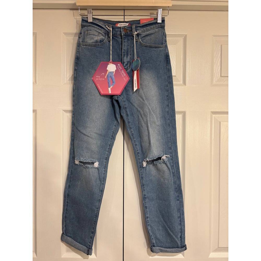 Vibe & Rant High Rise Relaxed Jeans Size 1 Waist 25 Cuffed Distressed NWT